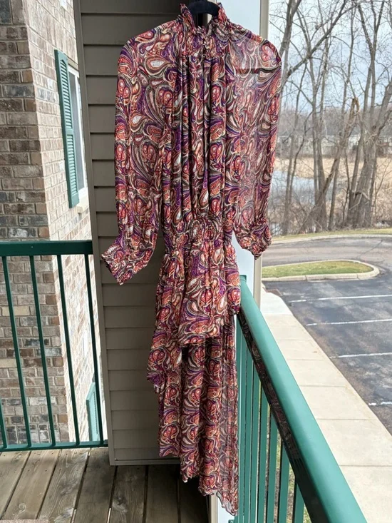 🆕 Gilner Farrar Paisley Maxi Dress Boho Long Sleeve Smocked Waist Flowy Size S - Picture 4 of 13